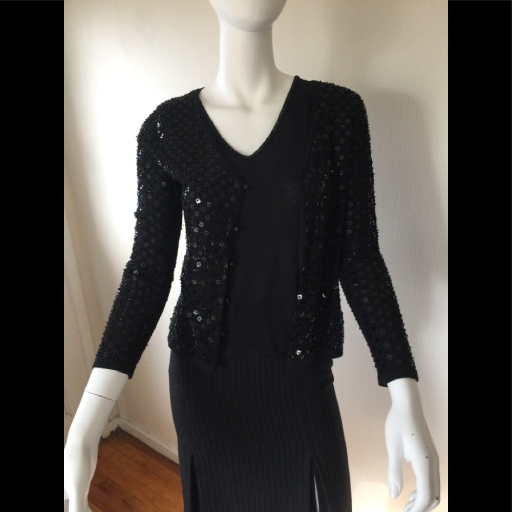 STUNNING Emanuel black silk blend beaded cardigan twin set